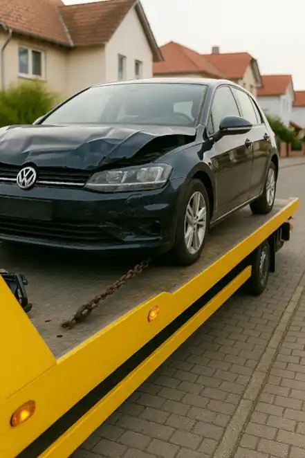 Defektes Fahrzeug wird zum Autoankauf in Heidelberg abgeschleppt und fachgerecht begutachtet.