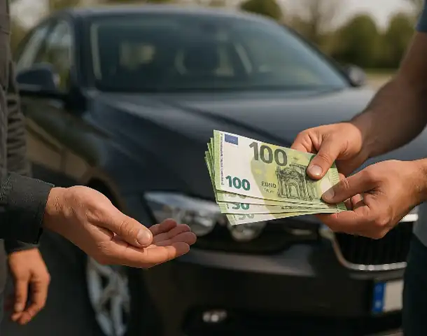 Barkaufabwicklung beim Autoankauf in Heidelberg, bei dem ein Verkäufer zufrieden sein Geld erhält.